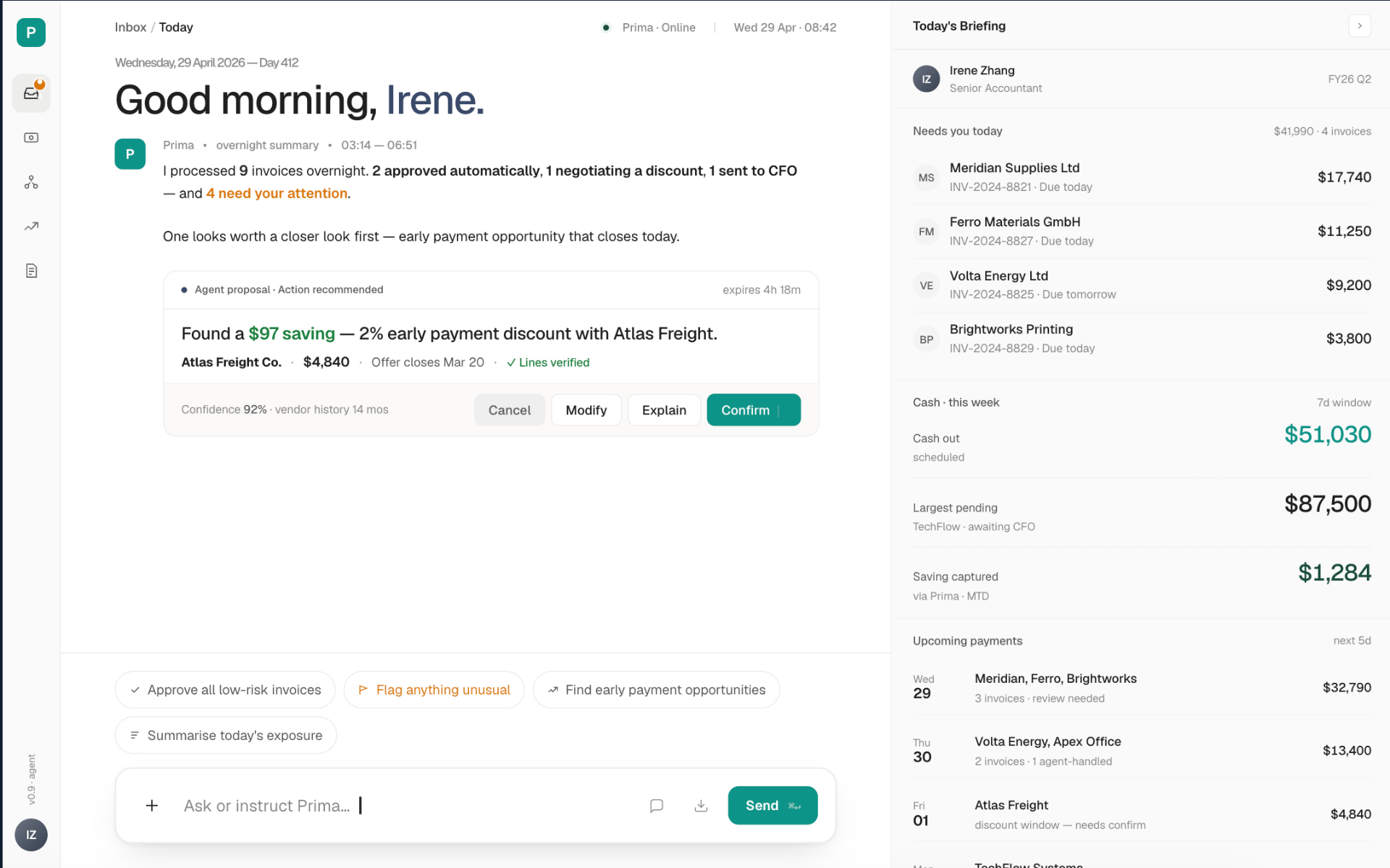 Prima inbox — working surface with today's briefing