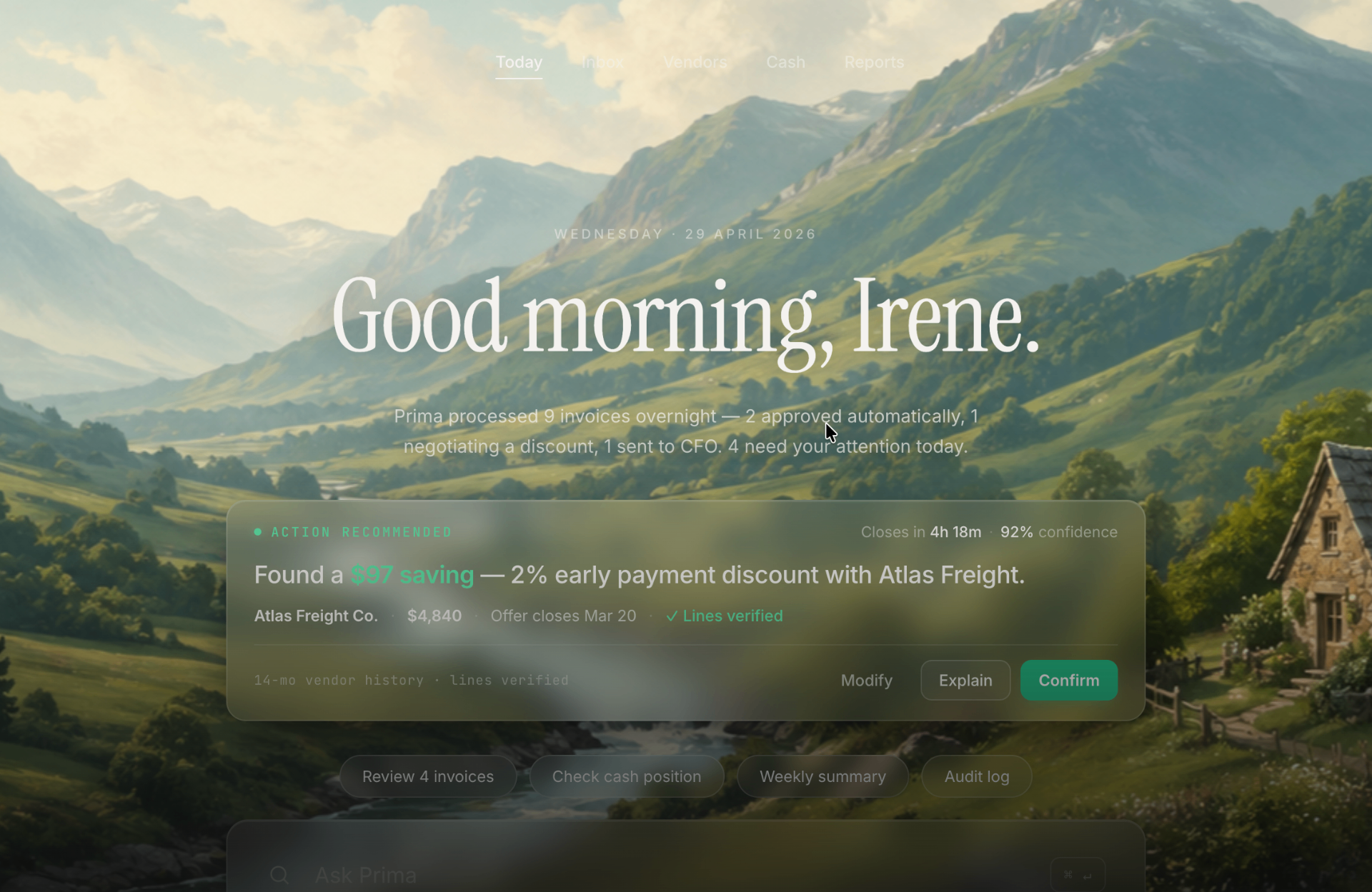 Good morning, Irene — calm briefing surface